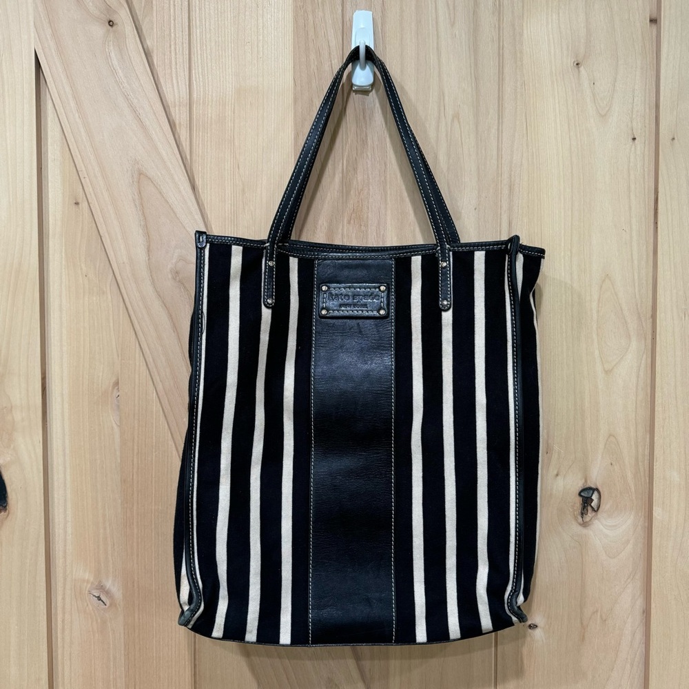 Kate Spade Griffen Tote Black Cream Stripe Cloth Leather Shoulder Bag - Picture 9 of 15